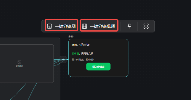 这张图展示了自由画布创作节点相关操作界面,上方有两个被红色框标注的核心功能按钮,分别是“一键分镜图”和“一键分镜视频”,对应文档中创作节点流程的第6步内容。界面右侧还显示了名为“海风下的重返”的分镜卡片,标注该分镜涉及“竹林、高马尾女孩”,共14个镜头、约57秒,设有“进入分镜表”的绿色按钮,左侧还有待操作的素材区域,整体呈现出分镜创作中可快速生成分镜图与分镜视频的操作场景。