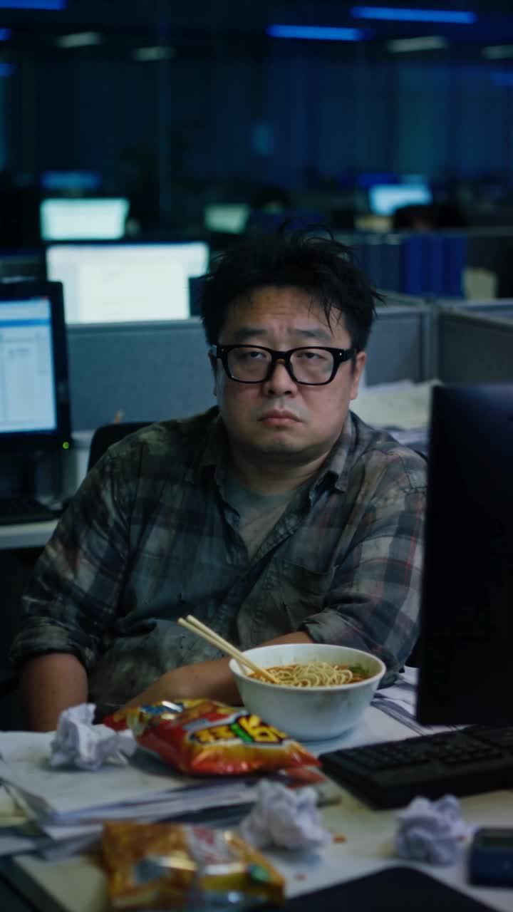 深夜办公室，一位戴眼镜的打工人坐在电脑前吃泡面