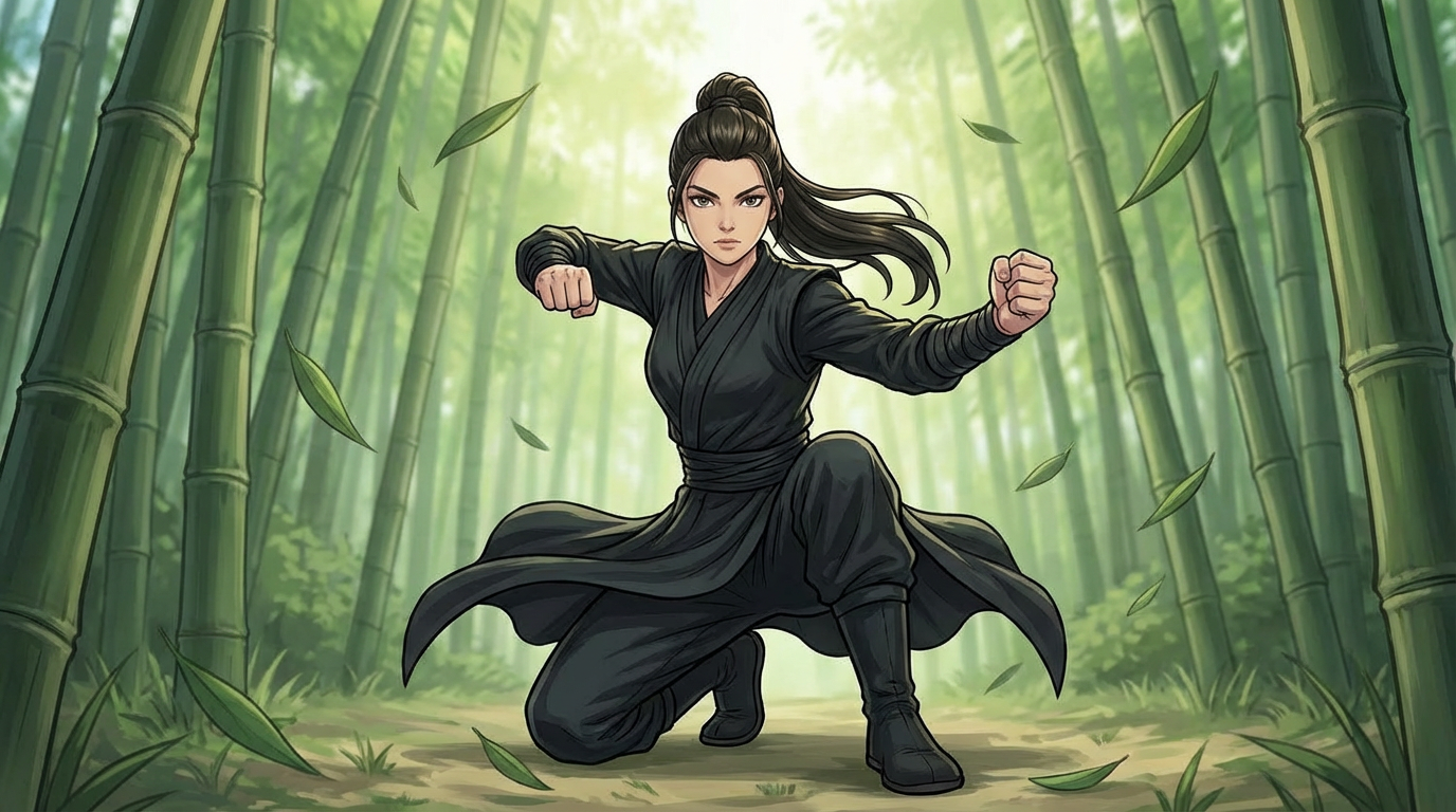图片展示了一位身着黑色长袍的武者，站在竹林中，双手握拳，姿势充满力量与动感。武者的长发束于脑后，衣袂随风飘扬，背景是茂密的竹林，竹叶随风飞舞，营造出一种武侠氛围。此图与文档中“让画面动起来，生成视频！”的内容相关，可能是用于展示纳逗Pro生成视频时的场景效果，体现其生成视频的玩法之一。