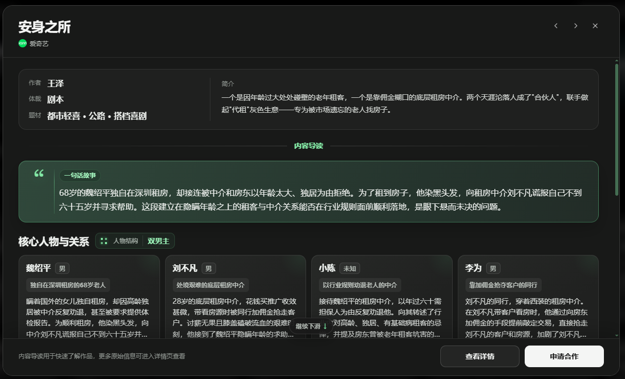 图片展示的是数字资产库中“安身之所”剧本的IP卡片。卡片上方有作者王泽、题材为剧本等信息,简介为一个四星级酒店大堂处被闲置的老年租客,与带金钥匙的成年租客中介组成“合伙人”,联手做起“代租”灰色生意。下方有“内容导读”“核心人物与关系”板块,分别呈现了角色信息,如熊招平、刘不凡、小陈、李为等,还设有“查看详情”“申请合作”按钮。该图片与上下文介绍的数字资产库中IP卡片展示内容相契合。