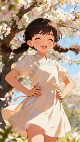 图片展示了一位身穿浅色汉服的卡通女孩，她扎着双马尾，面带灿烂笑容，双手叉腰，背景是盛开的樱花树和蓝天。图片位于“玩法二：首尾帧生视频（适合制作转场、变形效果）”内容之后，可能是用于展示生成视频时的首尾帧效果，或作为生成视频的参考图，帮助用户理解视频生成的样式和氛围。