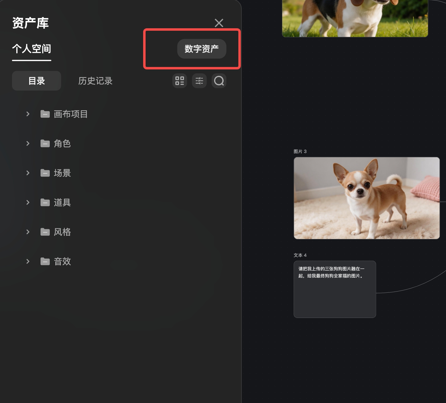 这是纳逗Pro的“资产库”界面截图，左侧为资产分类列表，标注为“个人空间”，包含画布项目、角色、场景等多种分类选项，上方有目录、历史记录两类视图切换选项。界面中用红色方框突出显示了“数字资产”按钮，该按钮是新增创作节点步骤里的核心操作选项，用户可通过点击它，新增“角色”类数字资产，还能从画布中直接调用相关数字资产，该界面对应上下文里关于新增创作节点的操作指引内容。