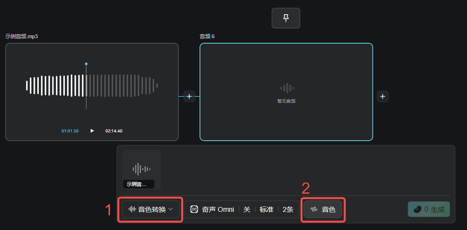 图片展示了4平台中音频节点的音色转换功能界面。左侧为“示例音频.mp3”,右侧是“音色6 - 智天音源”。下方有“音色转换”和“音色”两个选项,其中“音色转换”被红色数字1标识,“音色”被红色数字2标识。该图片与上文介绍的将已有音频音色转换为目标音色,保持语音内容和节奏不变,适合将配音替换为不同角色声音的内容相呼应,直观呈现了操作位置。