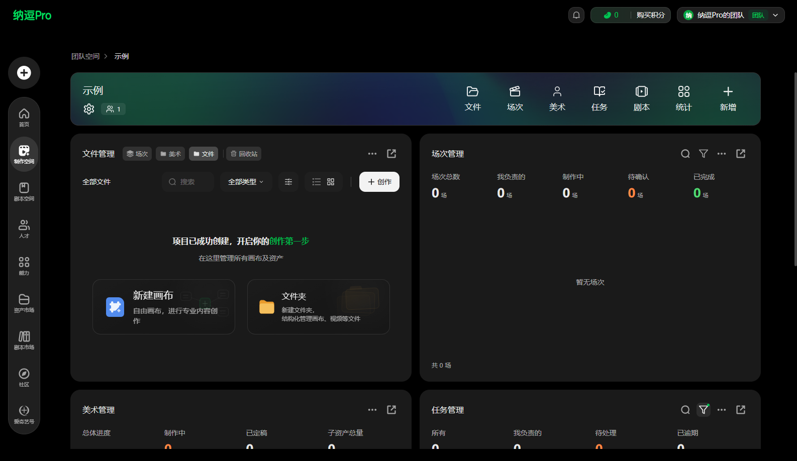 图片展示的是纳递Pro项目页界面。左侧有导航栏,可进行项目管理、成员管理等操作。右侧上方有搜索栏和项目分类选项。中间区域有“示例”项目,显示文件管理、场次管理、美术管理、任务管理等内容,如文件管理下有新建素材、新建文件夹选项,场次管理显示0个场次等。该图片与文档中介绍项目页内容相契合,直观呈现了项目页的布局和功能板块。