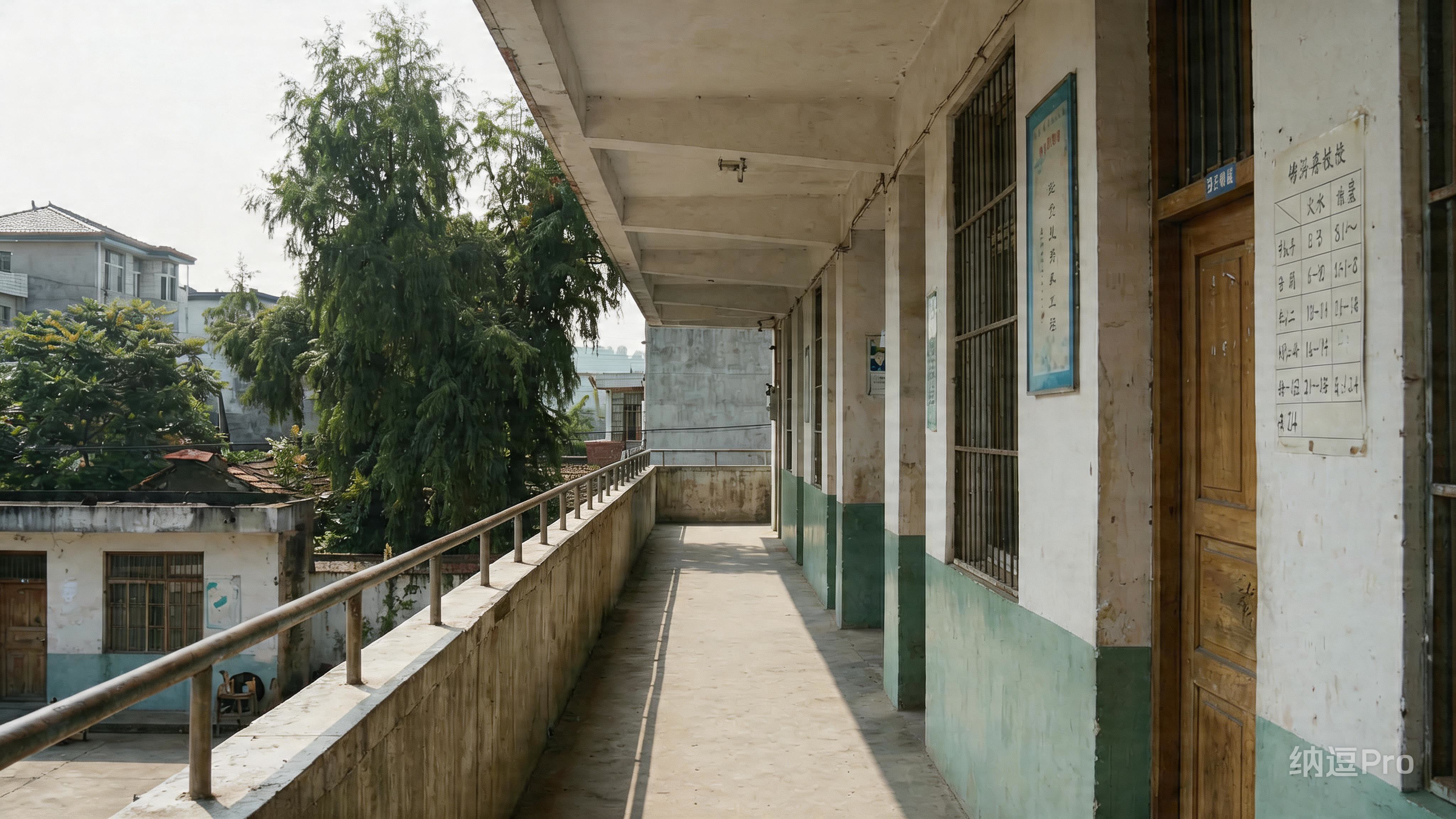 图片展示的是一个学校走廊场景，位于文档中介绍720全景图制作技巧的上下文部分。画面中，走廊两侧是白色墙面，部分墙面有绿色装饰，地面为灰色水泥地。左侧有栏杆，远处可见树木和房屋。右侧有木质门，门上贴有白色纸张，上面有黑色文字。画面右下角有“纳逗Pro”标识。该图作为示例，用于说明720全景图制作中跨镜头一致性更出色的特点。