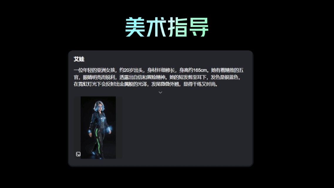 图片展示的是纳逗Pro中“美术指导”界面。画面背景为深色，上方有“美术指导”字样。下方文字介绍了一位名为艾娃的年轻亚洲女性角色，约20岁出头，身材纤细修长，身高约165cm，五官精致，眼神明亮锐利，发色是银蓝色，在霓虹灯光下会反射出金属般的光泽，发尾微微外翘，显得干练又时尚。画面左下角有艾娃的立绘形象。此图与上下文介绍纳逗Pro功能的内容相关，展示了角色设定的示例。