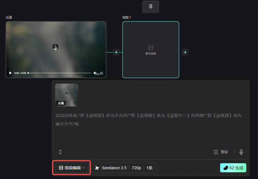 这是一款AI视频生成工具的操作界面,其对应功能为文档提及的视频编辑模块。界面左侧显示待编辑的视频预览,视频上有水滴元素,时长显示为0:00/0:06。界面下方的指令输入区提供了风格修改类的编辑指令示例,如将视频改为手办风、晴天天气等。界面左下角的“视频编辑”按钮被红色框线标注,用于切换至该功能模式,对应文档中选择视频编辑模式的操作说明。界面右下角还有生成设置项与“62生成”按钮,可完成最终的视频编辑生成操作。