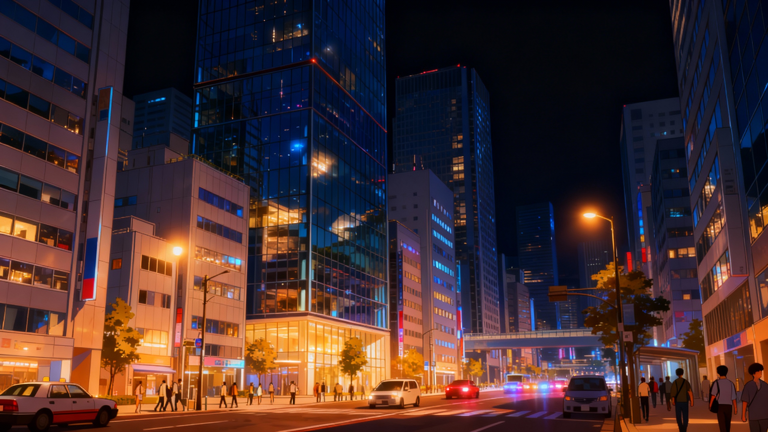 该图片是夜晚城市街景，属于动漫风格的画面，画面呈现出繁华都市的夜间景象：两侧林立着高低错落的现代化高楼，建筑的玻璃幕墙与窗户透出暖黄、明亮的灯光，街道上有车辆行驶，路面还呈现出车辆驶过留下的彩色光带，路边有行人走动，沿街分布着路灯和行道树，远处还有一座人行天桥，整体氛围温馨且充满都市的活力感，符合纳逗Pro首尾帧生视频生成的动态变形类效果的示例风格。