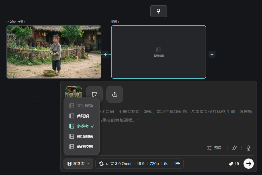图片展示的是自由画布中视频节点的编辑界面。画面左侧为视频预览窗口,显示一个小孩在乡村场景中。右侧是视频节点编辑区域,有“智能剪辑”选项。下方功能栏中,多参考功能被选中,旁边有“可变3.0 Omni”字样及视频参数显示。该图片与上文介绍的视频节点功能相关,直观呈现了视频节点的编辑操作界面及多参考功能的使用情况。