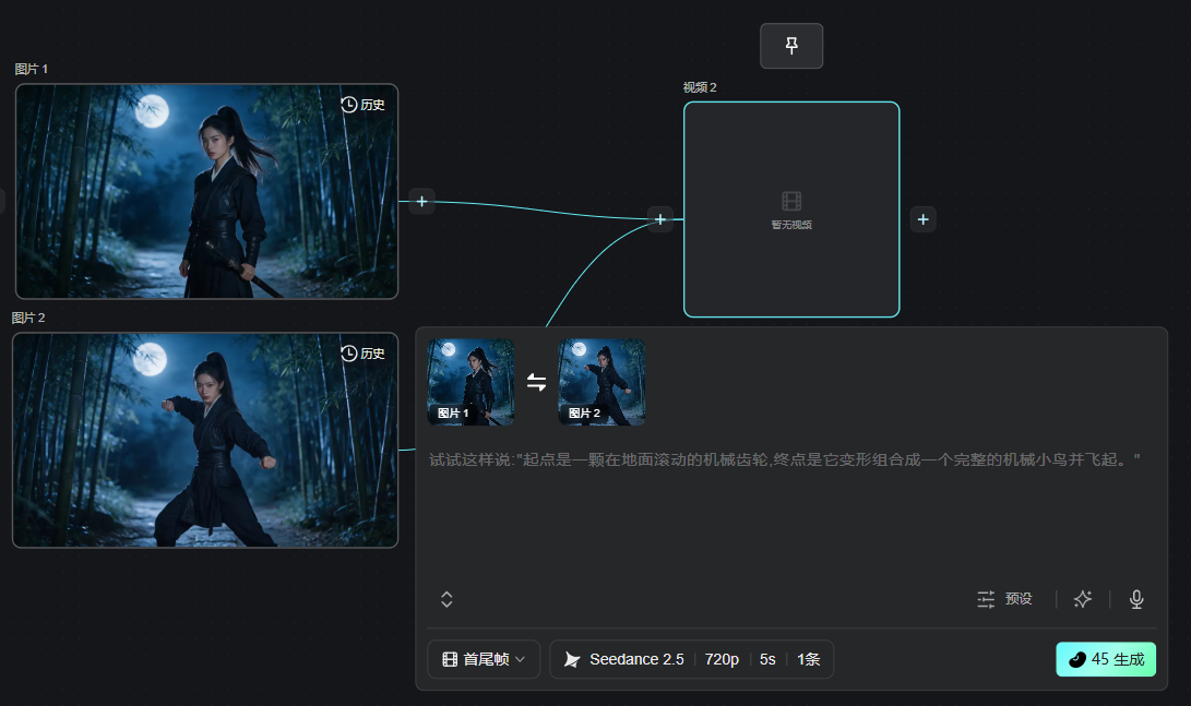 这是一个视频生成工具的操作界面,对应上下文里的“首尾帧”功能模块。画面左侧有两张竹林夜景的古风人物图片,分别标为“图片1”“图片2”,被用作视频的首帧和尾帧。中间的方框标注为“暂无概念”,有箭头连接首、尾帧图,用于实现过渡动画生成。下方提示栏的输入框内有一段引导生成的提示文字,底部显示当前选中“首尾帧”模式,所用模型为Seedance 2.5,设置了720p分辨率、5秒时长、1条生成任务的参数,还有“45生成”的操作按钮,该界面直观呈现了通过首尾帧控制视频生成的操作场景。