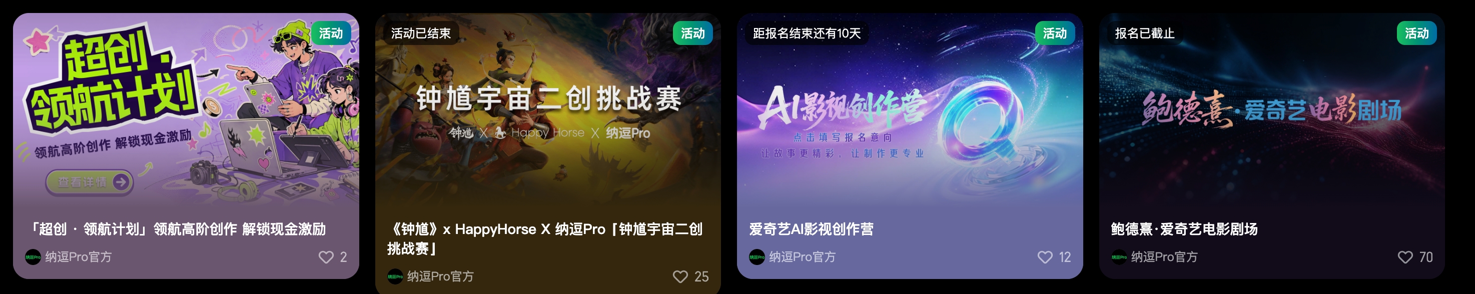 图片展示了纳逗Pro创作者社区的多个活动。左侧是“超创·领航计划”，有领航高阶创作解锁现金激励，获赞2。中间是“钟馗宇宙二创”活动，由钟馗、HappyHorse、纳逗Pro联合举办，获赞25。右侧是“AI影视创作营”，报名结束还有10天，获赞12。最右侧是“鲍德熹·爱奇艺电影剧场”，报名已截止，获赞70。这些活动信息均标注了纳逗Pro官方。