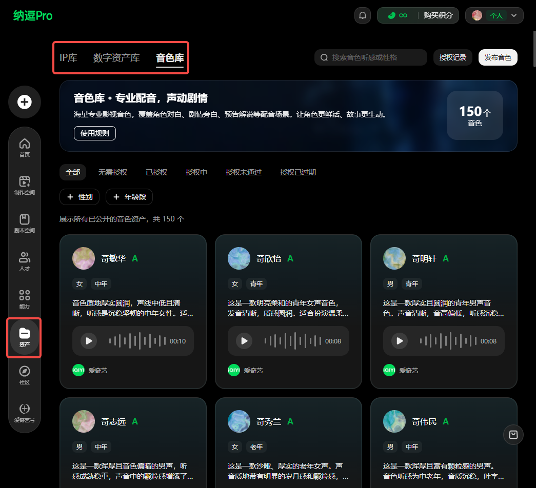 图片展示了纳逗Pro平台的数字资产库界面,其中“音色库”被红色框突出显示。界面中呈现了150个音色资产,每个音色卡片包含名称、性别年龄标签、音色特点及试听条,创作者可直接试听后选用。卡片下方有“全部”“无授权”“已授权”“授权中”“授权未通过”“授权已过期”等筛选选项,以及“+性别”“+年龄段”按钮。该图与上下文介绍的音色库提供专业影视配音资源,涵盖多种场景,且有150个音色资产的内容相契合。