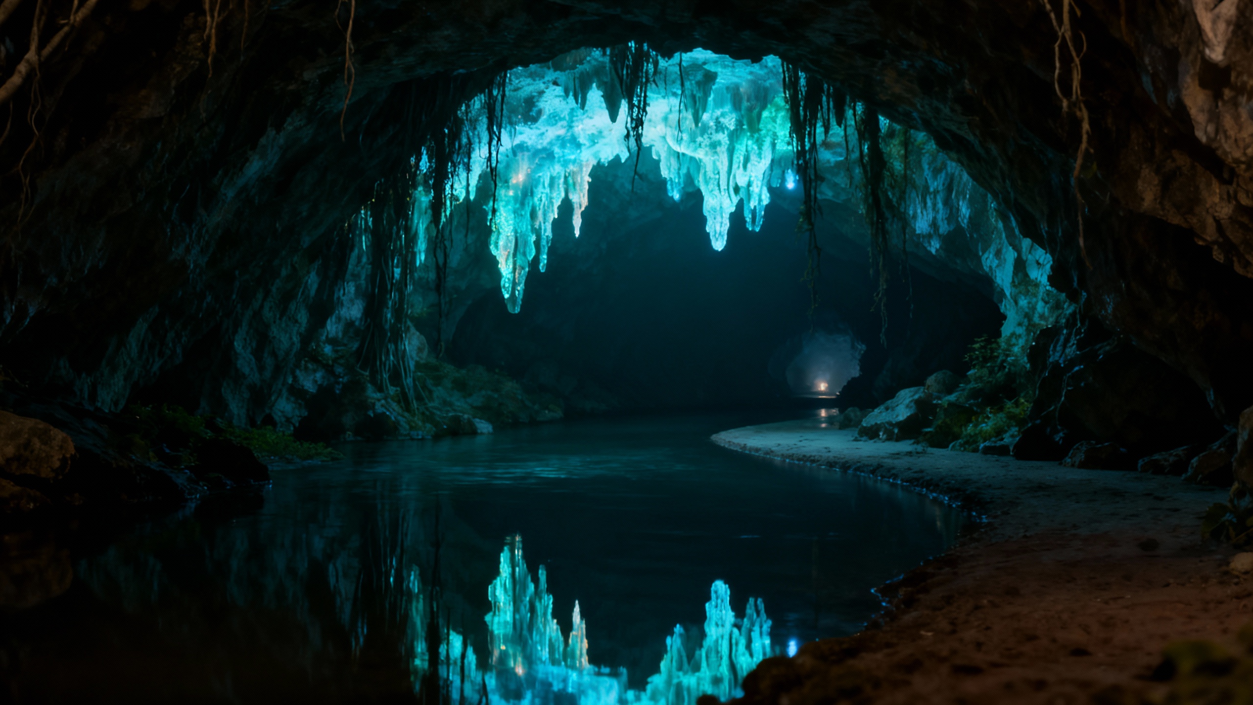 图片展示的是一个洞穴场景，画面中有一条河流，河水清澈，倒映着洞穴内的景象。洞穴内有蓝色的光柱和光斑，营造出神秘氛围。洞穴顶部有钟乳石，周围生长着藤蔓，地面有岩石和植被。该图片与文档中“玩法一：多参考生视频（适合融合多图元素，定制化创作视频）”内容相关，是“场景漫游·洞穴探秘”视频的参考素材，用于生成视频。