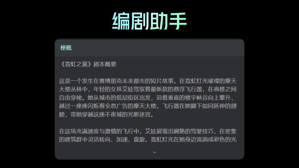 图片展示的是编剧助手创作的赛博朋克风格短片剧本《霓虹之翼》的剧本概要。概要中描述了故事发生在赛博朋克未来都市，年轻女孩艾娃驾驶悬浮飞行器在高楼间穿梭，从低层街区出发，穿越光影迷宫。艾娃在飞行中展现出娴熟的驾驶技巧，灵活穿梭在密集建筑群中。图片与上文“编剧助手：我来帮你创作这个赛博朋克风格的短片剧本。让我按照流程完成：剧本概要→剧本正文→主体设定”相呼应，呈现了编剧助手完成剧本概要的内容。