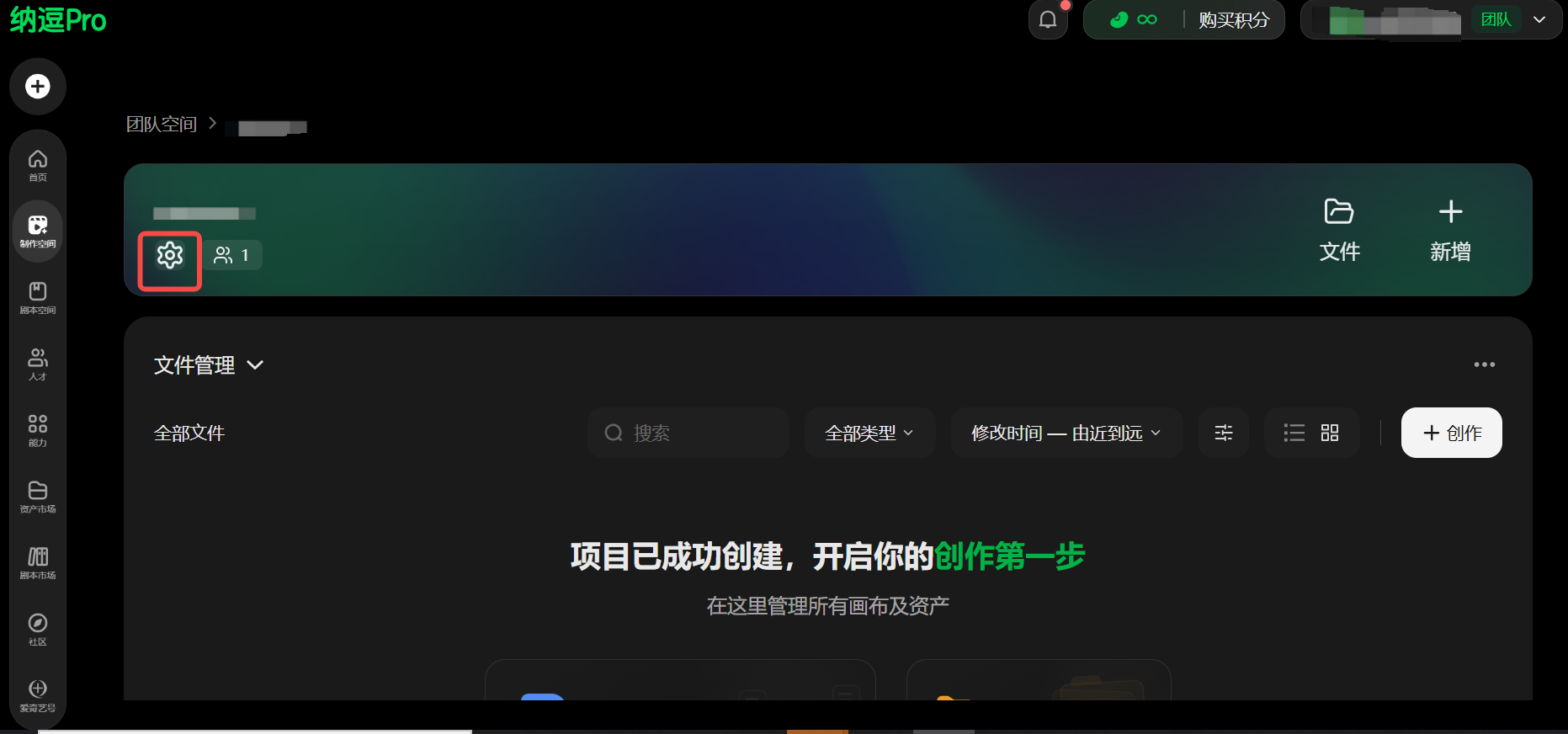 这是纳逗Pro系统的界面截图,展示了项目空间内的操作界面,左侧为功能导航栏,当前所处的页面显示“团队空间”相关内容,界面上方有“文件”“新增”按钮,下方文件管理区域显示“项目已成功创建,开启你的创作第一步”的提示文字。需要重点说明的是,界面中用红色方框突出标注的齿轮形状设置图标,对应上下文里点击项目设置的操作入口,点击该入口即可进入项目设置页面,以此完成账号与空间升级中相关权限配置的前置操作。